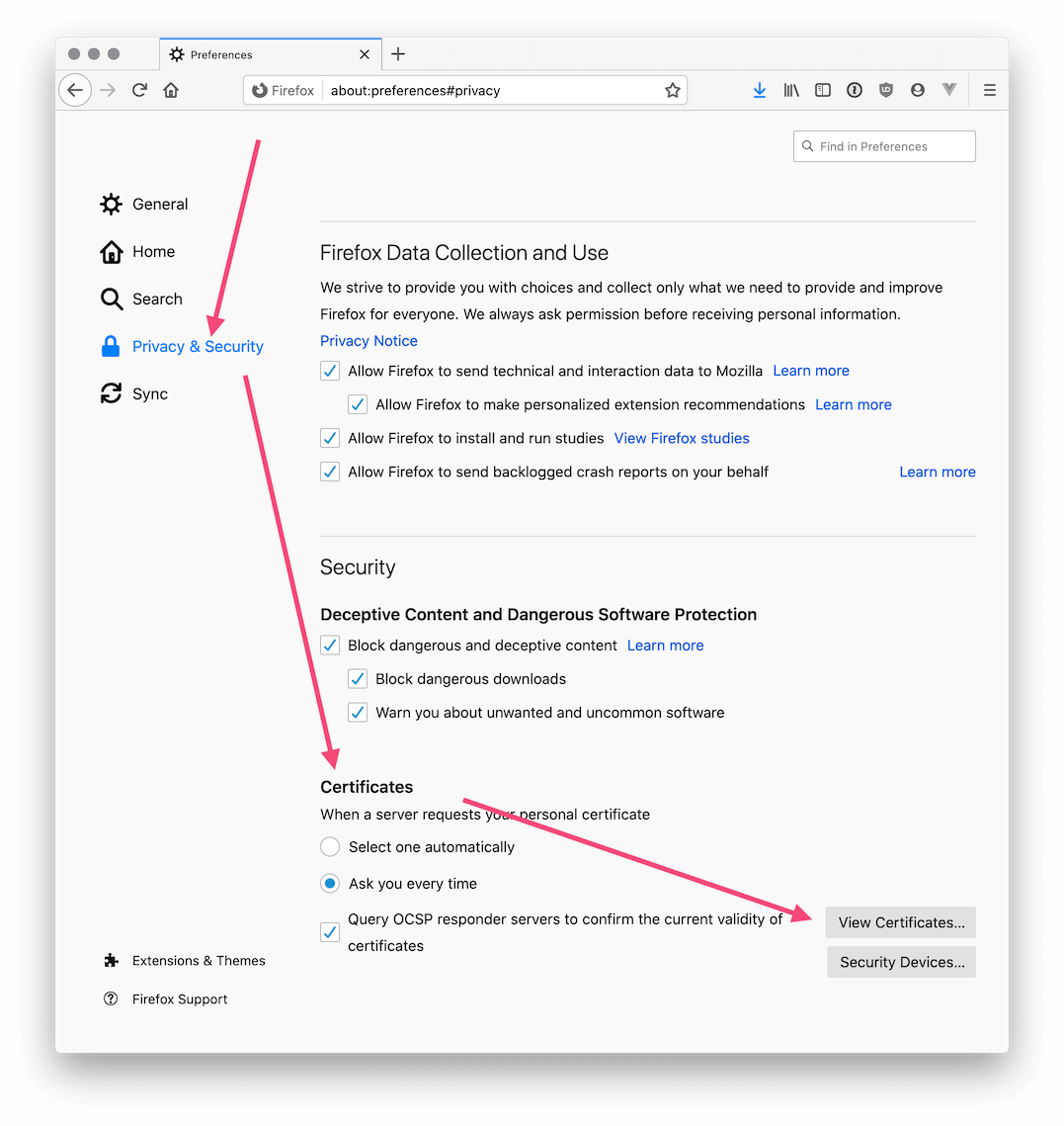 Screenshot of Firefox preferences page with arrows pointing to the elements.