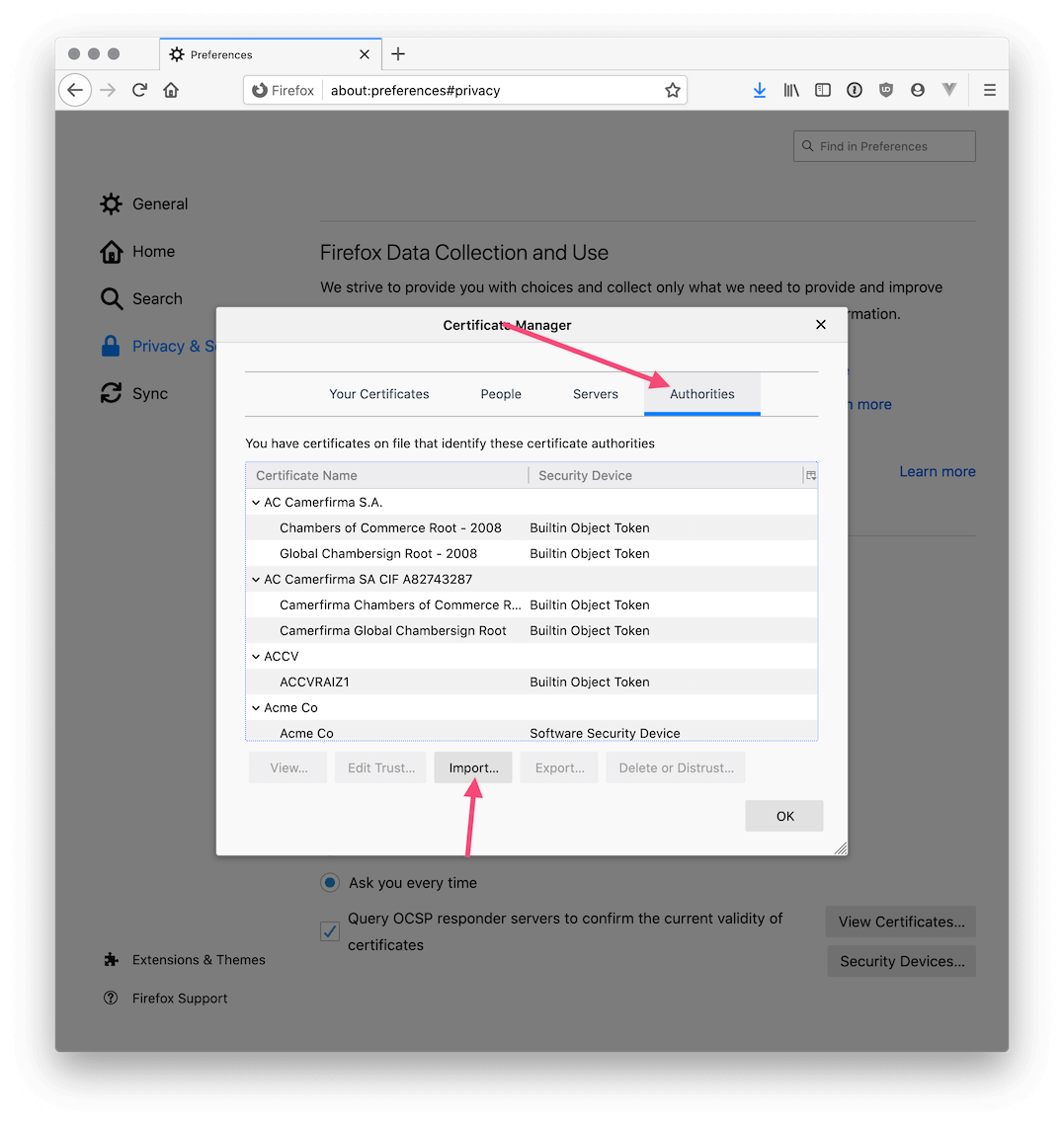 Screenshot of the Certificate Manager window with Authorities tab open and arrow pointing at the Import button.