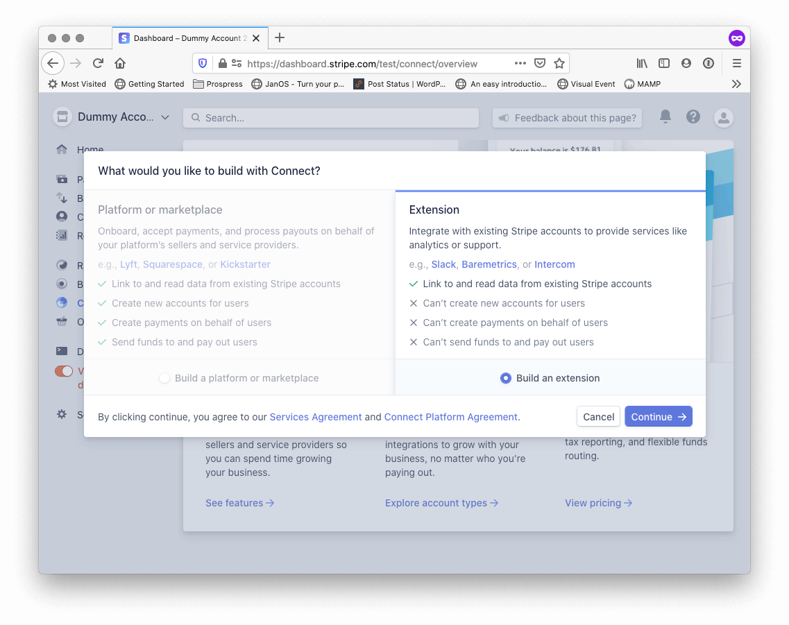 Screenshot of Stripe Connect selector: extension is selected.