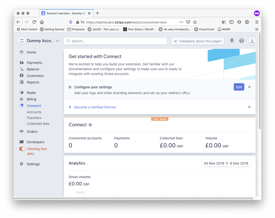 Stripe dashboard, now with Connect enabled.