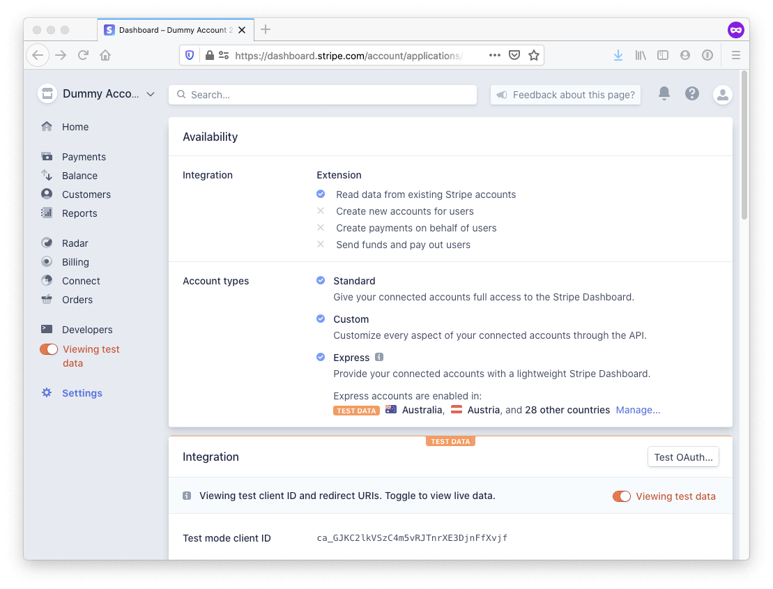 Screenshot of Stripe Connect Application settings displaying the Integration capabilities.