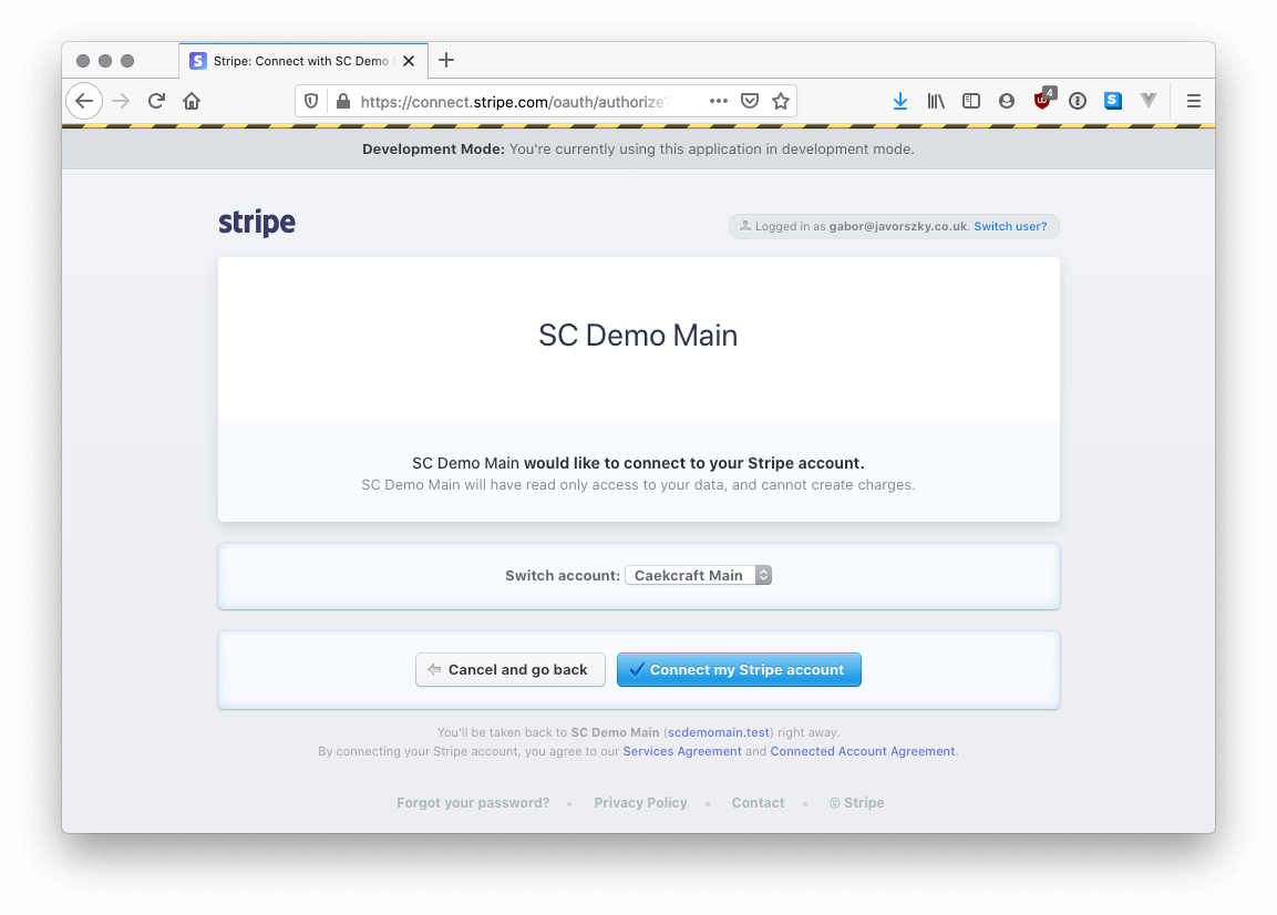 Screenshot of OAuth question at Stripe. Do I authorize the connection?