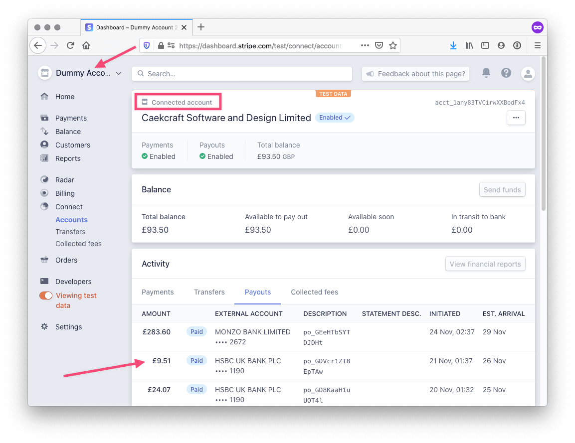 Screenshot of connected account overview.