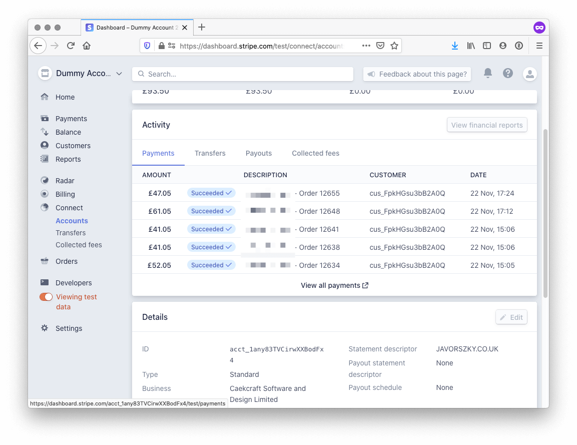 Screenshot of connected account activity / payments listing several transactions from 22nd November.