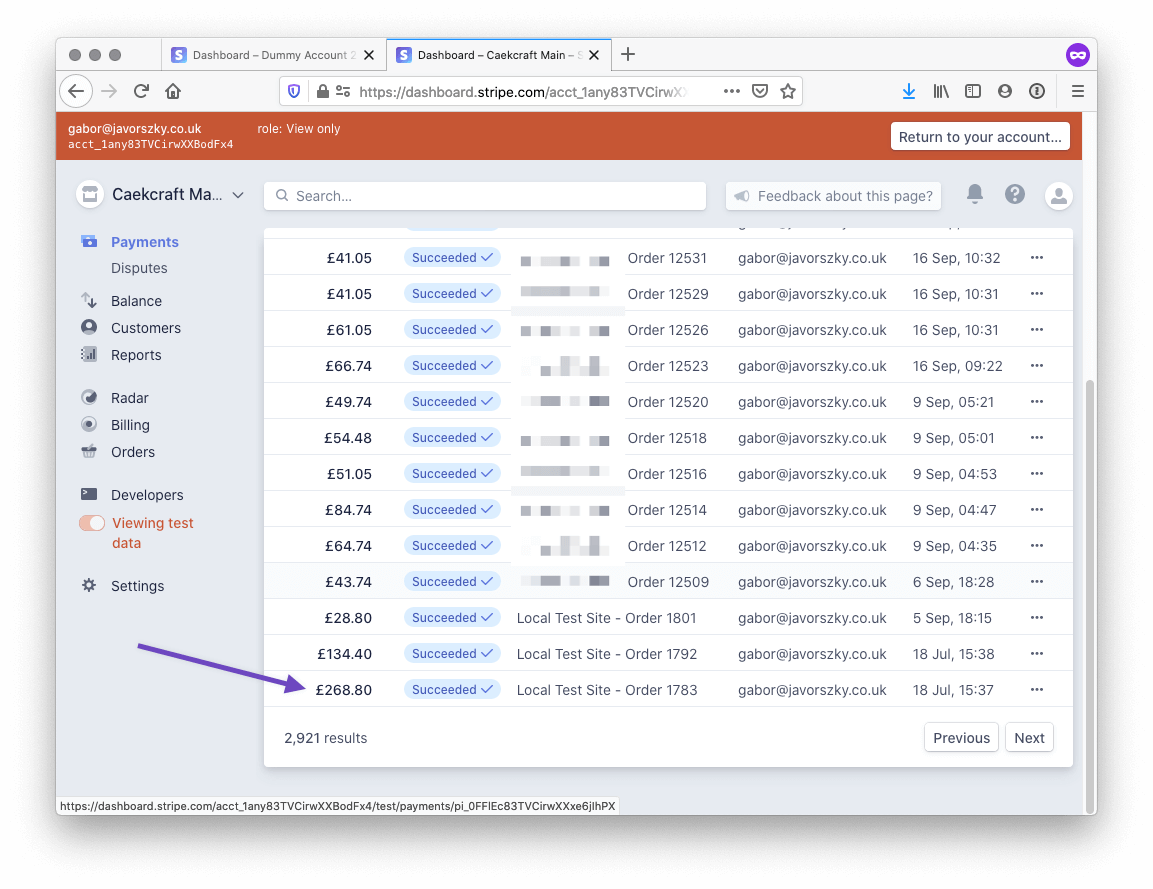 Screenshot of payments list with arrow pointing to a payment that was not for a client.