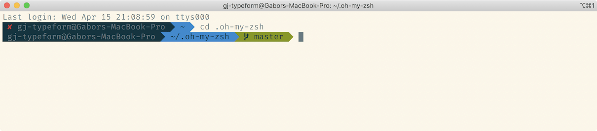 Screenshot of terminal running iTerm2, solarized light, ZSH, Agnoster theme, Fira Code font