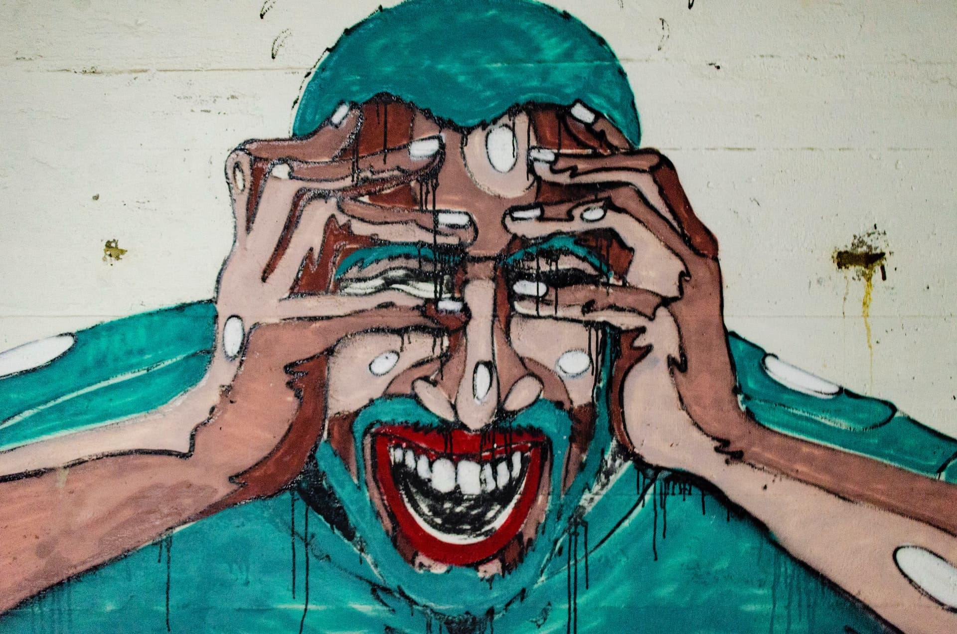 Painting of a man in pain, screaming, his hands on his face.