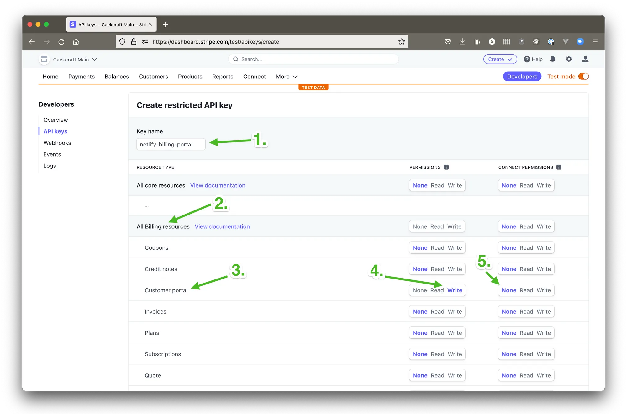 Screenshot of Create restricted key page. 1 points to key name, 2 points to all billing resources header, 3 points to customer portal row, 4 points to write permission on left, 5 points to none permission on right under connect permissions.