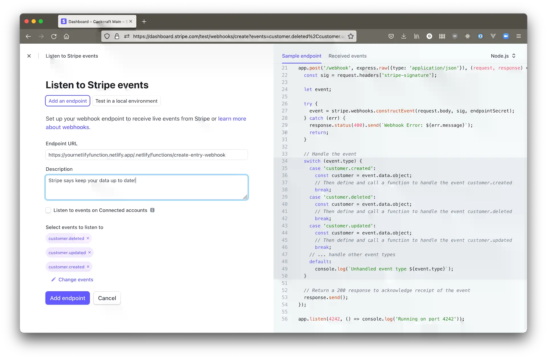 Screenshot of Stripe’s add webhook form with filled in data