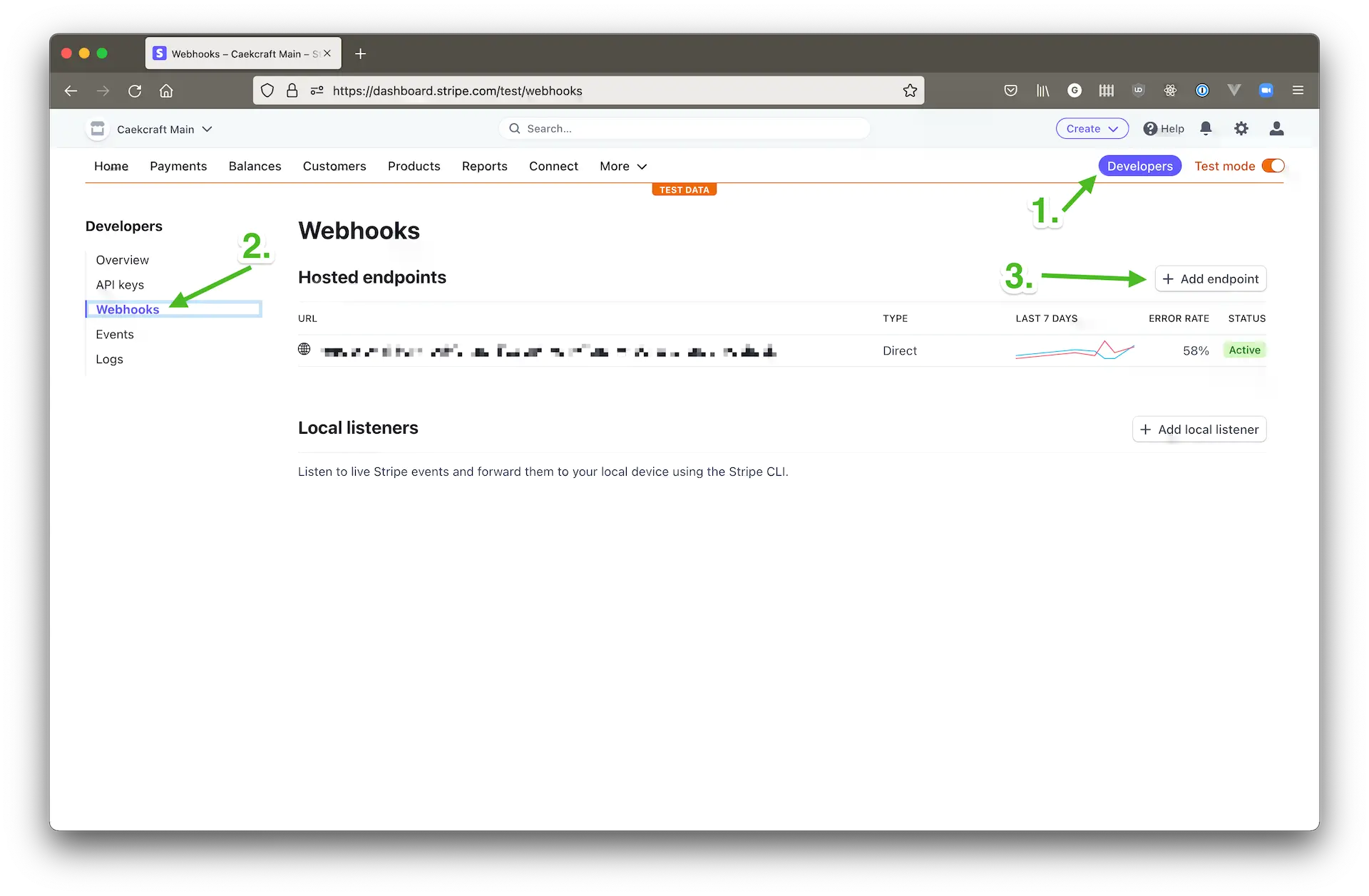 Stripe developers dashboard showing how to get to the Add endpoint button