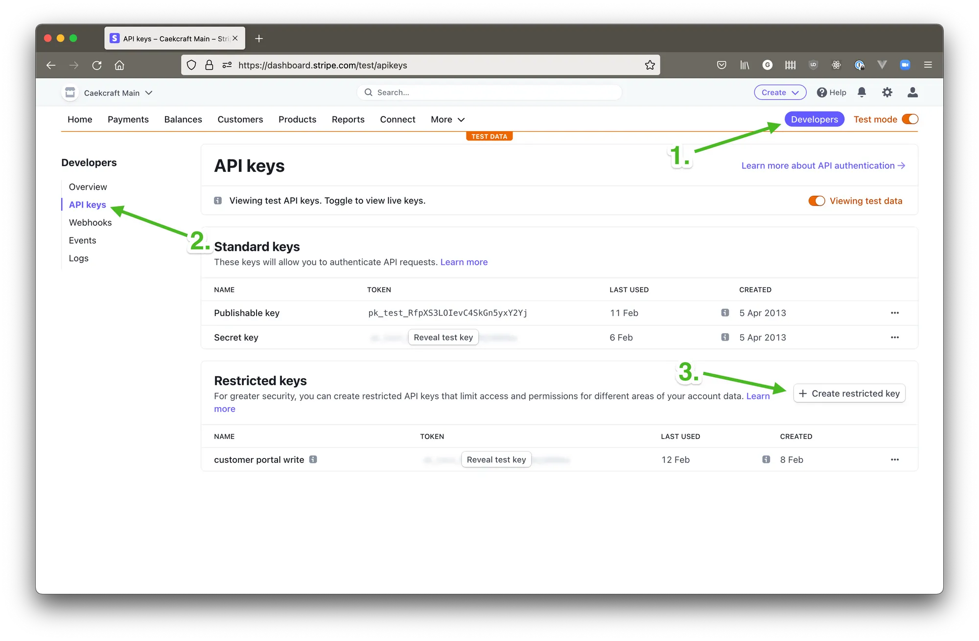 Screenshot of Stripe api dashboard with arrows pointing to links and buttons on where to find the Create restricted key button.