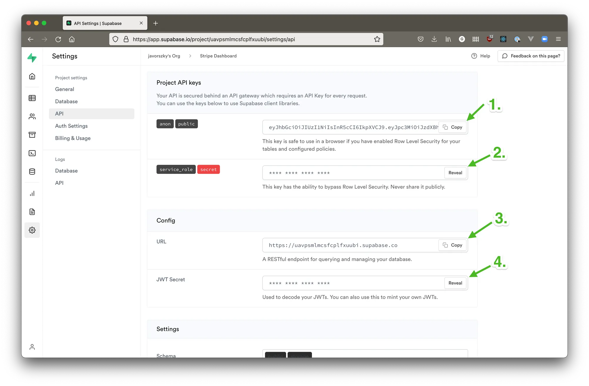 Screenshot of Supabase API settings with arrows pointing to anon key, service role key, url, and jwt secrets that we need.