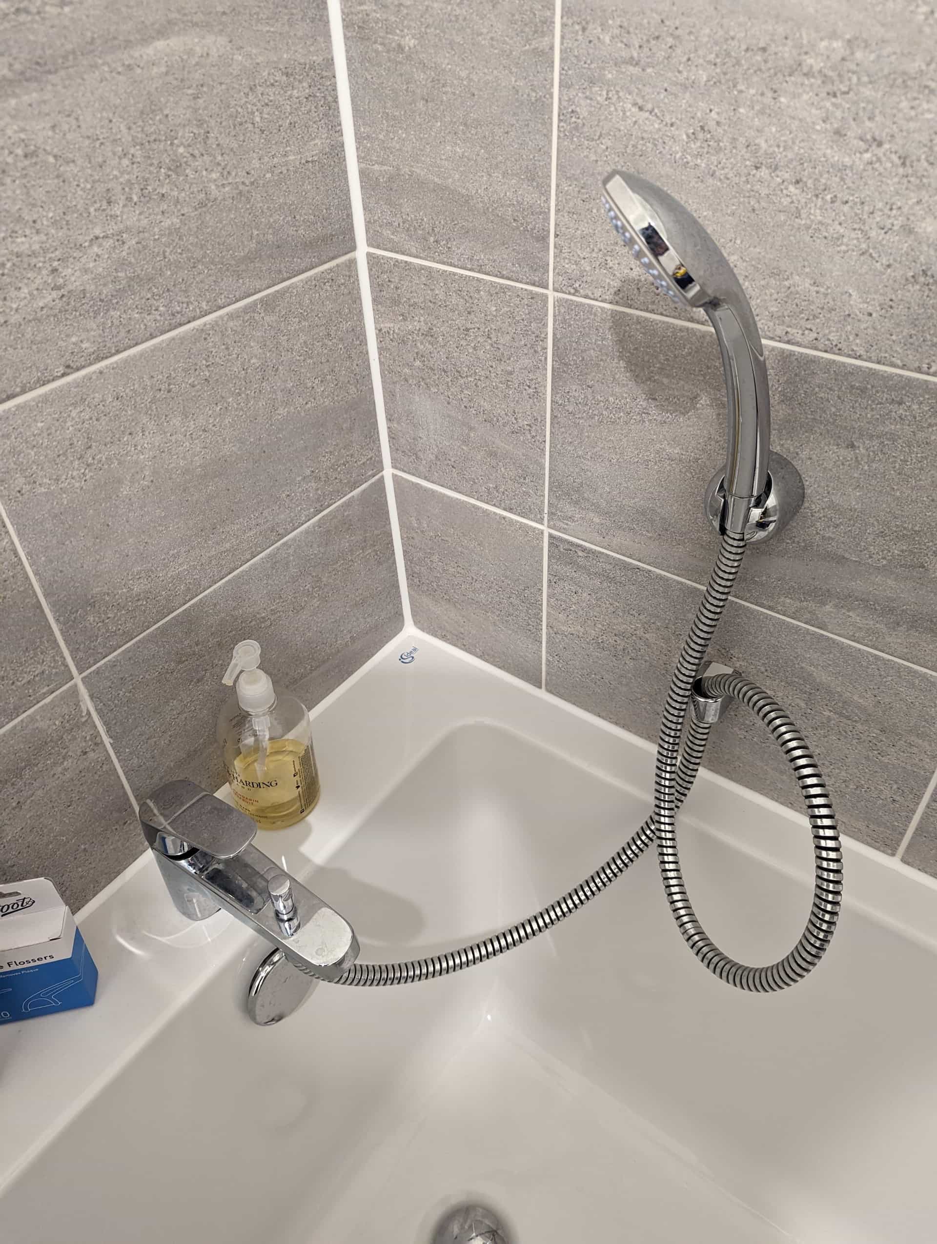 Picture of the corner of a bathtub showing the tap with the shower hose coming off of it. On the side wall there's a loop that fixes the hose to the wall, and above that is a cradle for the shower head to hold it when not in use. You can not take the hose out of the loop.