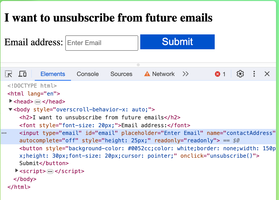 screenshot of source of the unsubscribe page highlighting the input field that's read only