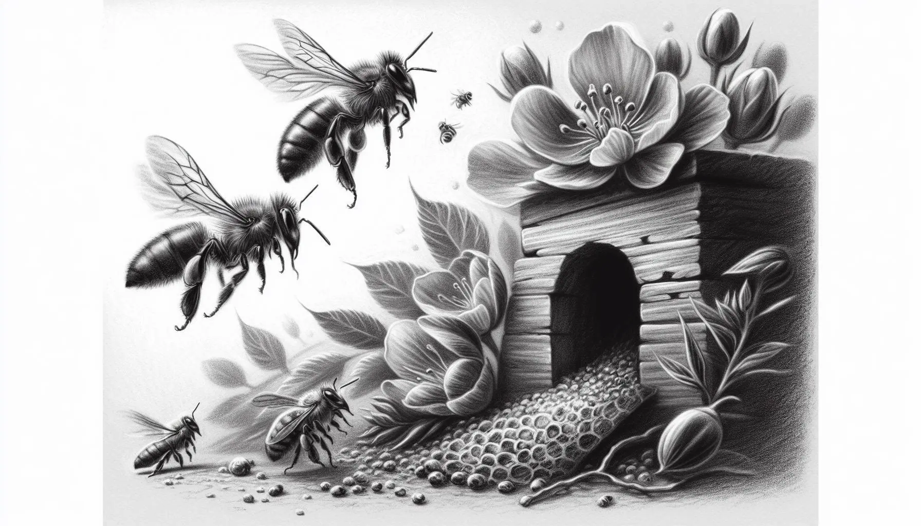AI image of bees returning to a hive with flowers on it in charcoal style.