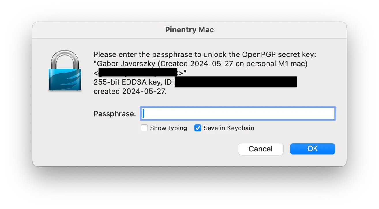 Screenshot of the pinentry-mac dialogue window.