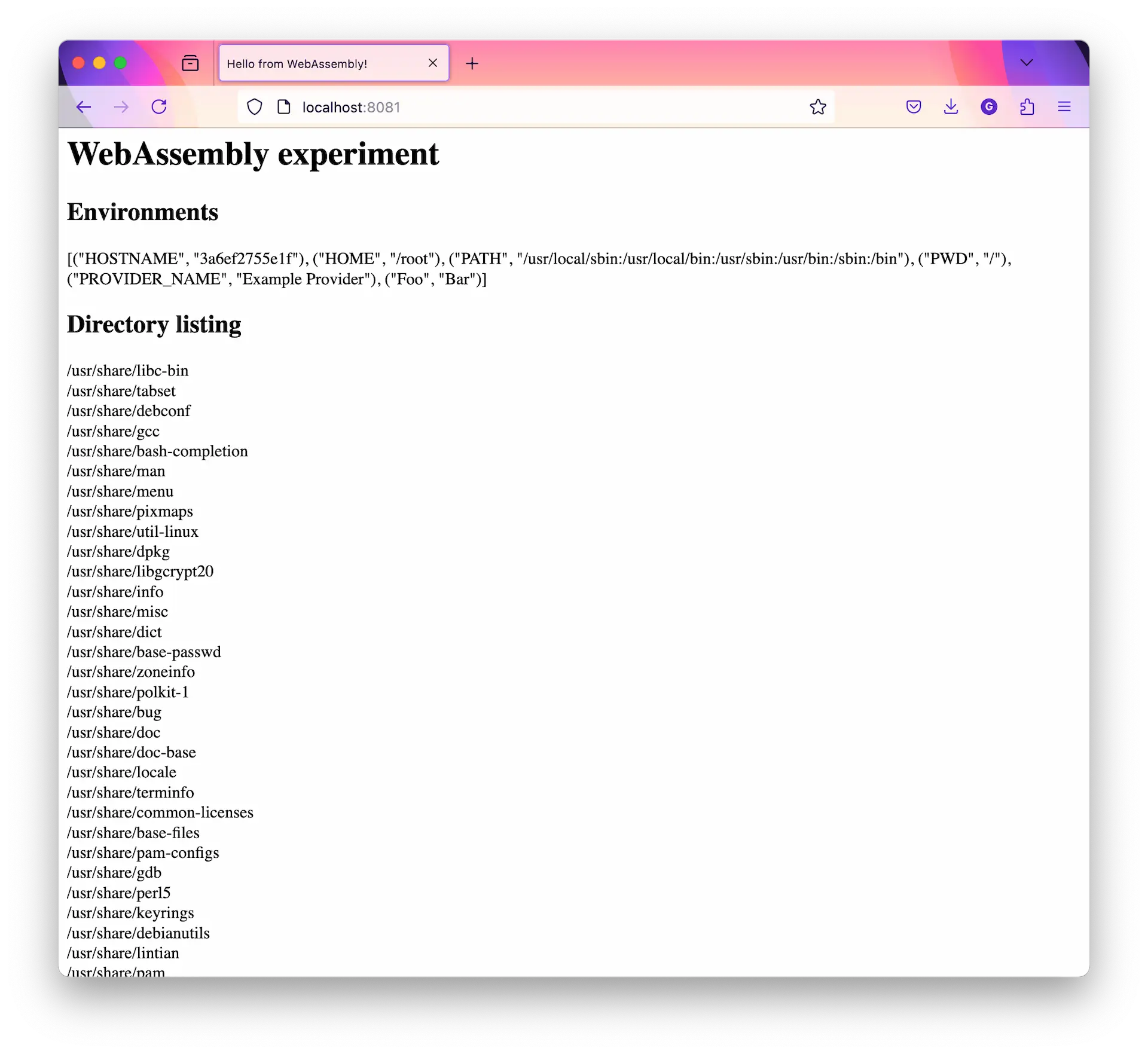 Screenshot of NGINX Unit serving the WebAssembly component.