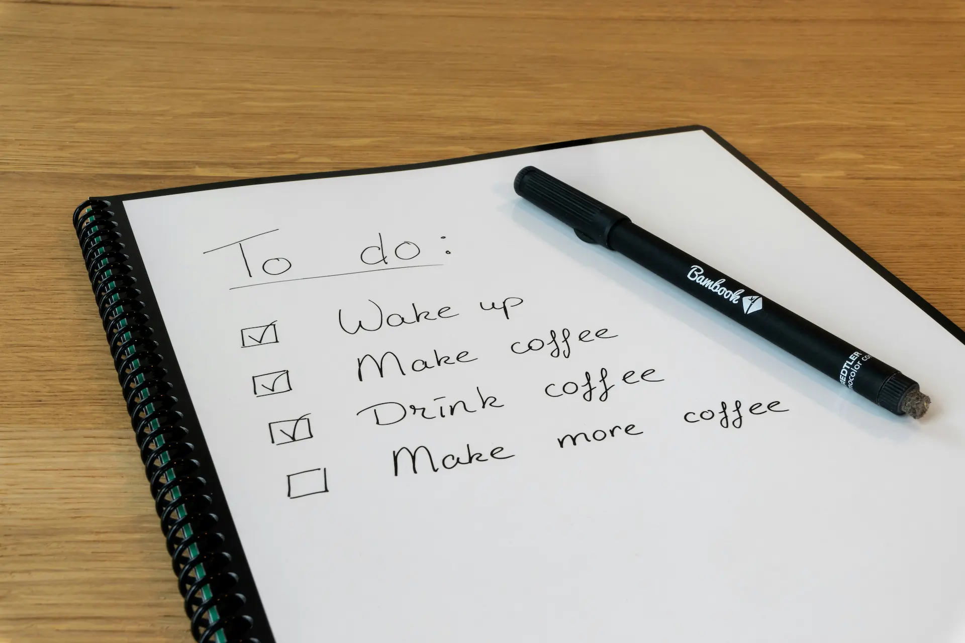 Checklist of morning to-do items around coffee consumption. Make more coffee is left unchecked.
