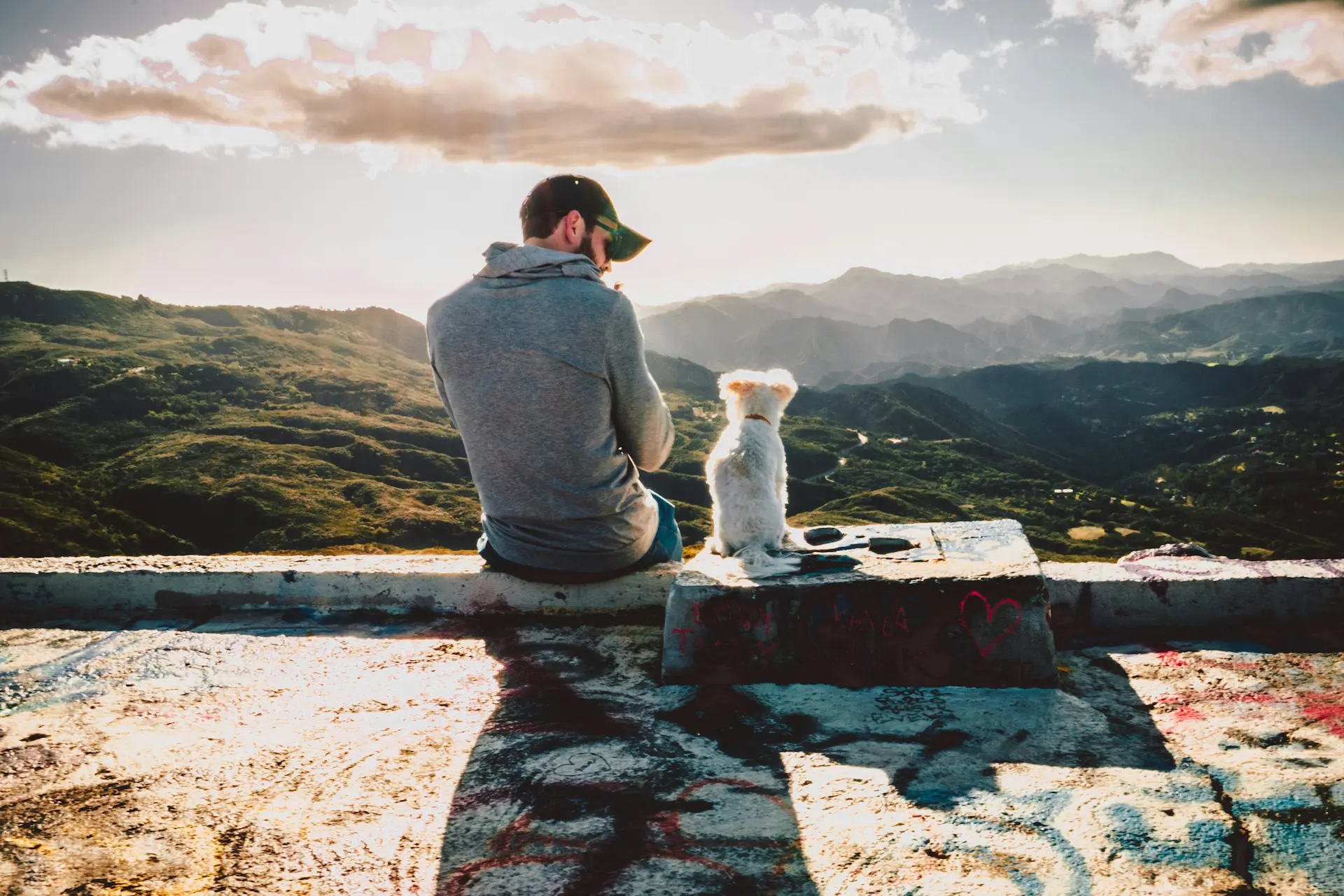 Man and dog sitting on stone overlooking hills and valleys together.