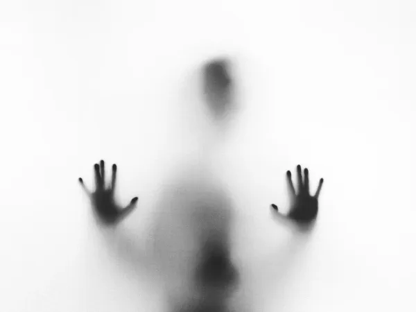 Photo of a person through a barely transparent surface that makes their hand, head, and torso visible as fuzzy dark blobs, but the rest is just white.